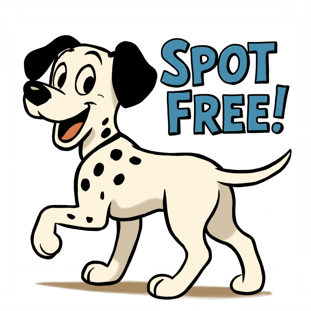 Spotfree mascot dog character full version PNG – cute spot-free brand mascot standing pose with "SPOT FREE!" text, transparent background.