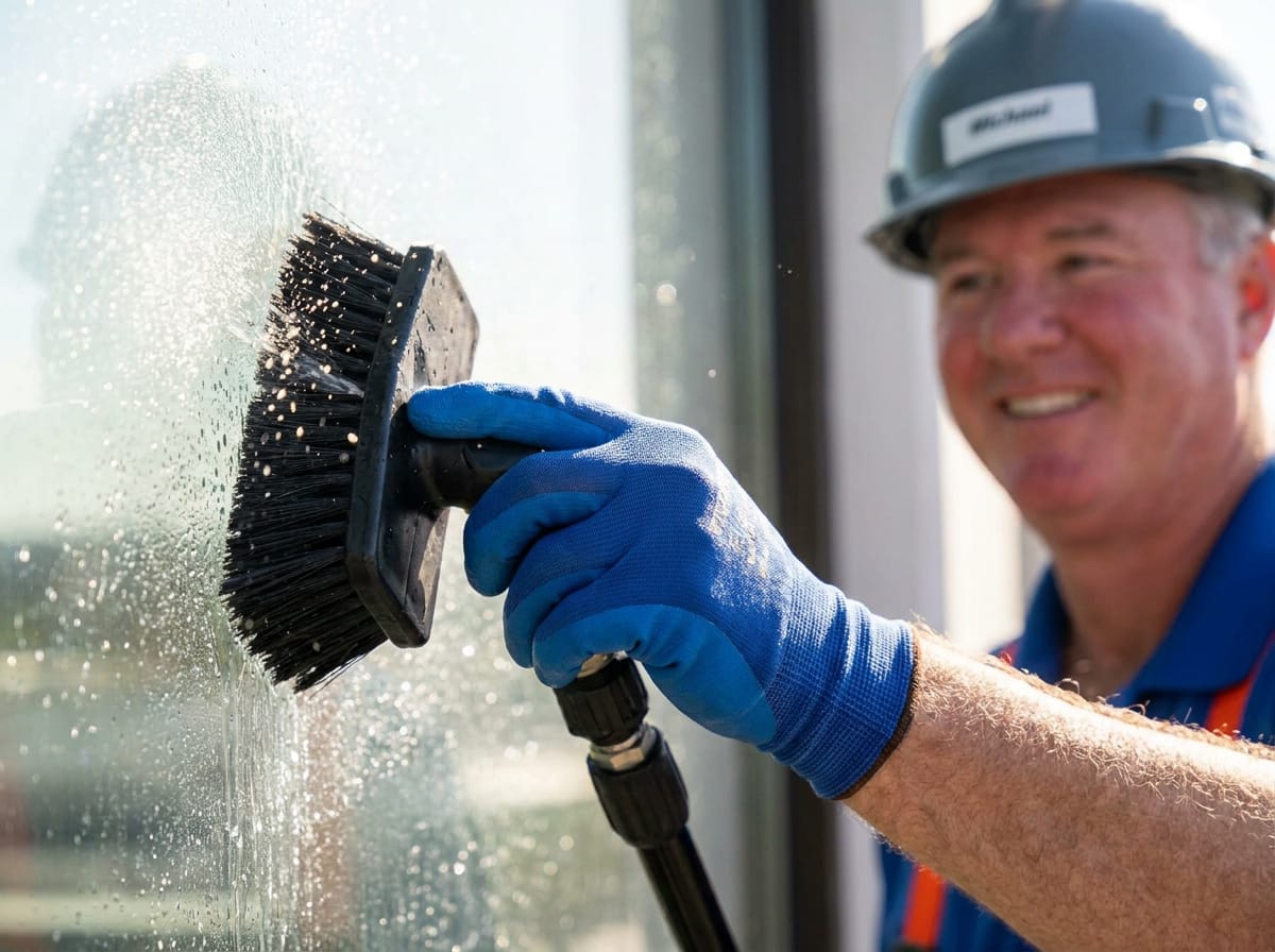 A close-up technical shot from a low angle, focusing on a carbon-fiber water-fed pole brush head in action. The fine, deionized water mist catches the sunlight, making a clean glass surface glisten. Michael’s smiling face and hard hat are visible but slightly blurred in the foreground, showing precise technique.