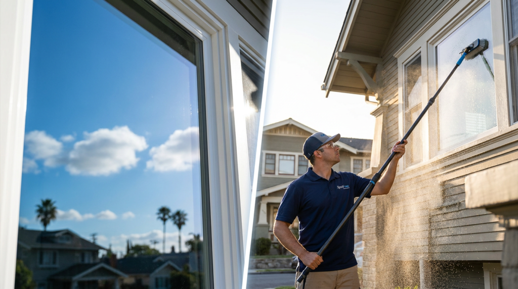 Split image: Left a crystal-clear, streak-free window reflecting blue sky; Right a SpotFree professional in Oakland, CA using a pure water pole on a second-story window.