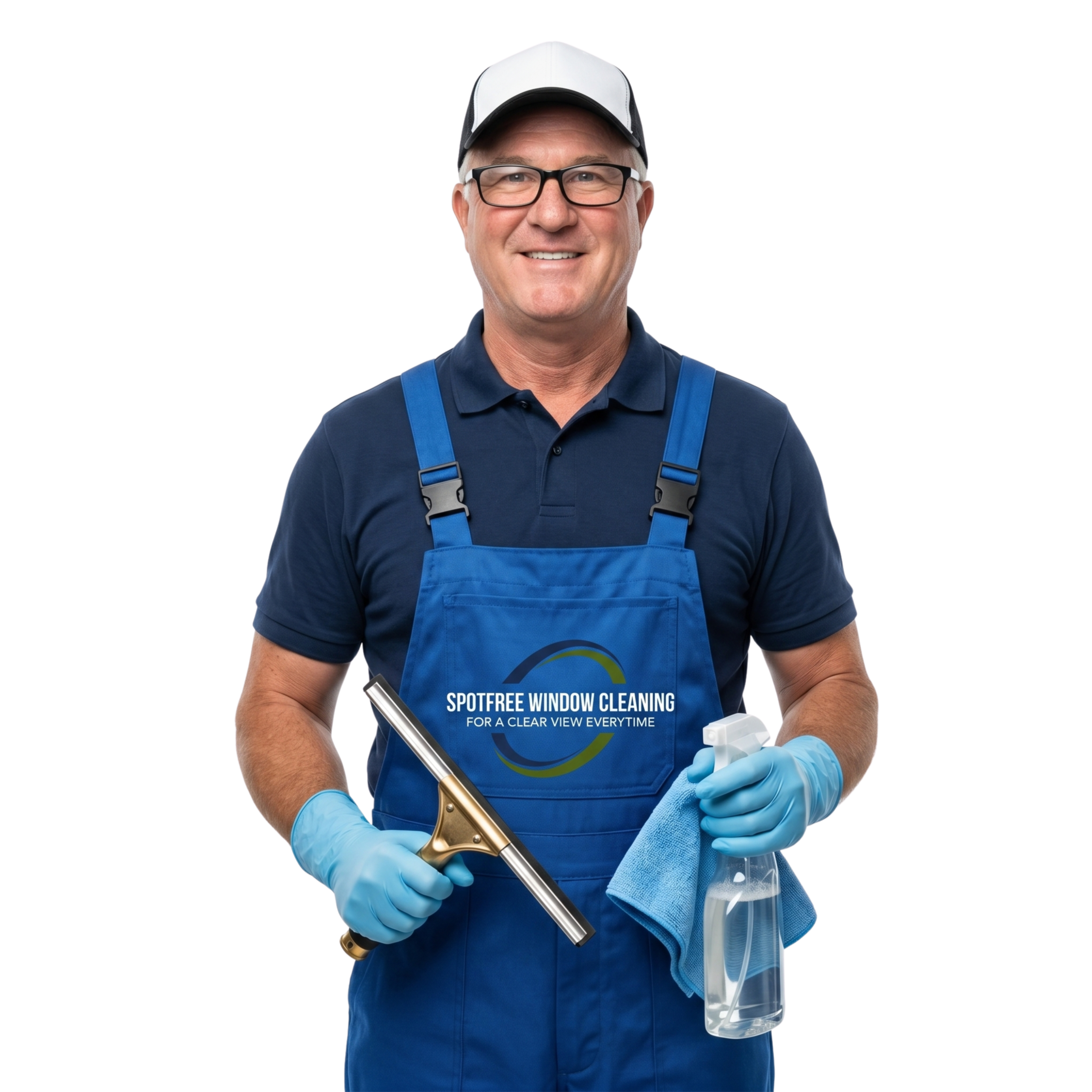 Portrait of Michael from SpotFreeWindow.com, wearing a navy polo and blue overalls, smiling directly at the camera while holding a golden squeegee and a cleaning spray bottle with a microfiber cloth. He wears glasses and a black-and-white cap. The SpotFreeWindow.com logo is visible on his chest.