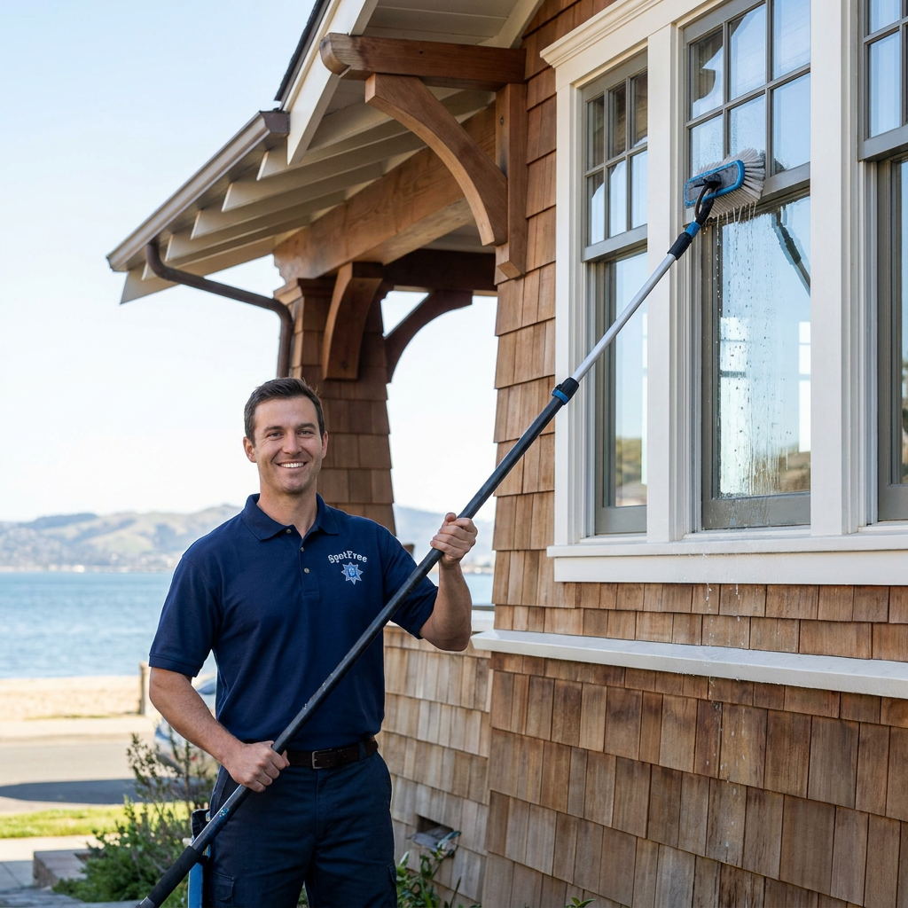 A smiling Spotfree technician in a navy blue polo shirt using a long, water-fed pole brush on a home's exterior windows, with a sunny view of the Bay Area waters in the background.