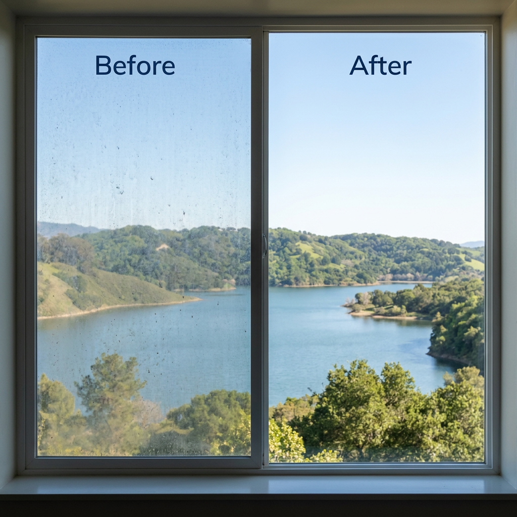 A dramatic transformation. From cloudy, hard water spots to a clear, panoramic lake view.