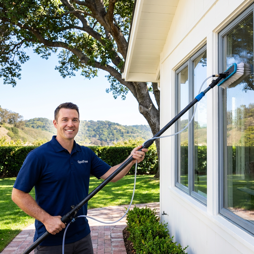 A smiling Spotfree window cleaning technician in a dark blue polo shirt holding a water-fed pole, standing on a brick walkway in front of a home in Castro Valley with a lush green lawn, mature trees, and rolling hills in the background.