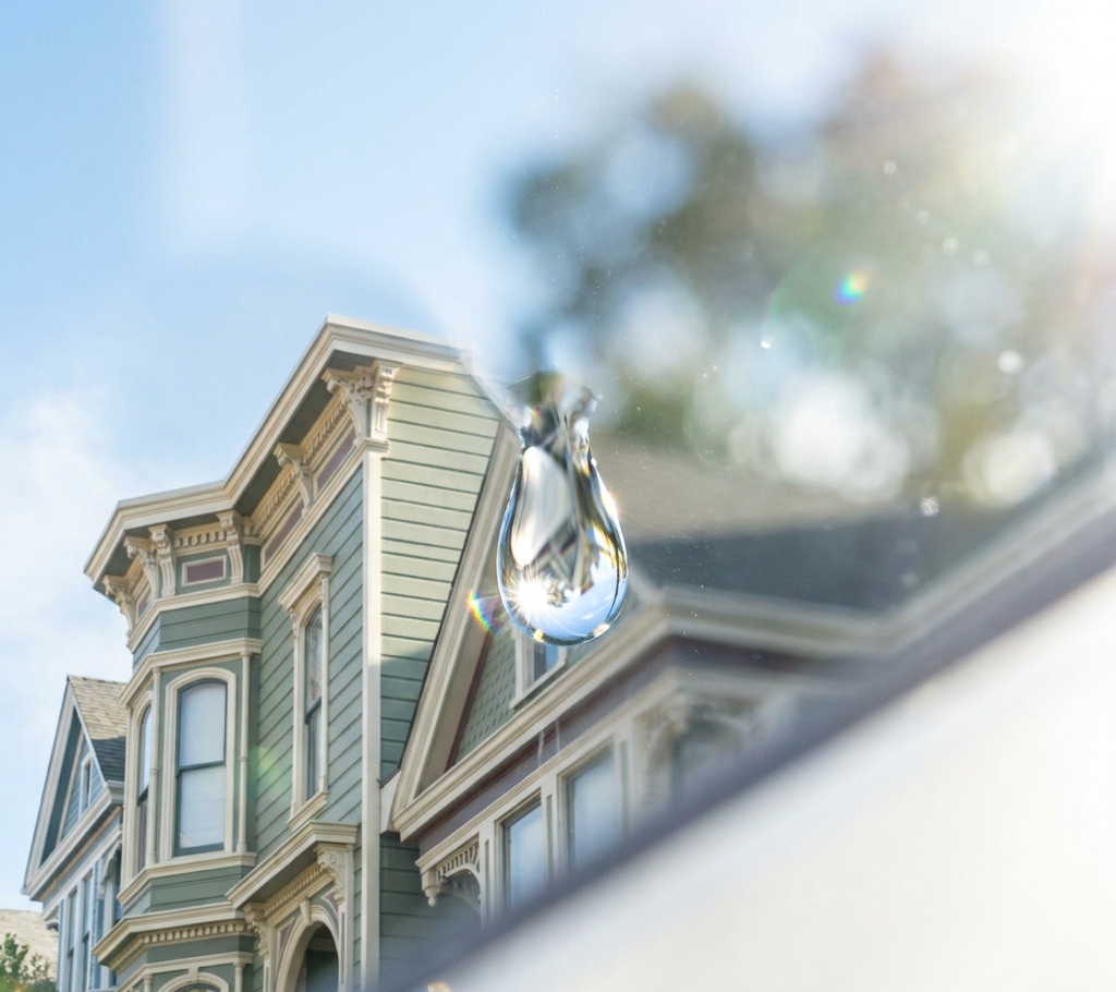 A macro shot of a crystal-clear water droplet resting on a pristine window, reflecting sunlight and a historic Alameda Victorian house, representing the SpotFree window cleaning guarantee.