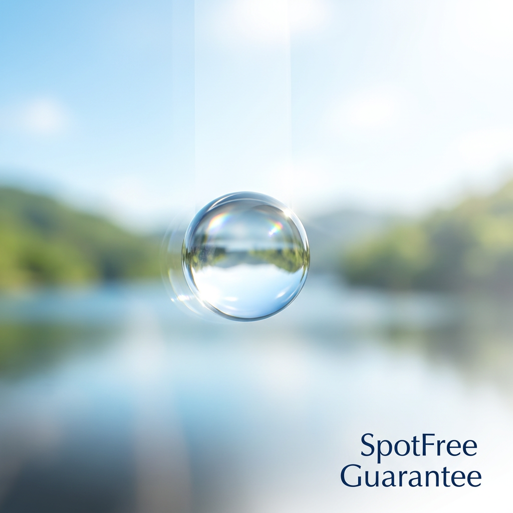 A sharp, clear water droplet suspended on a window pane, reflecting a bright blue sky and Castro Valley hills with a subtle rainbow prism effect, representing the SpotFree window cleaning guarantee.