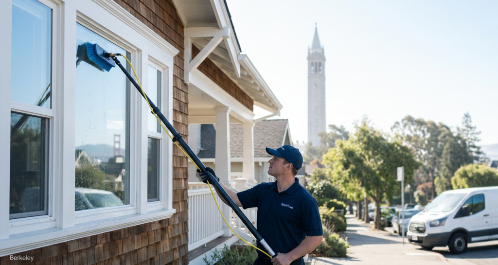 A wide shot of a Spotfree technician cleaning the windows of a craftsman bungalow with a water-fed pole, with the company's branded white van parked on the street, UC Berkeley's Sather Tower towering in the background, and the Golden Gate Bridge visible in the distance.