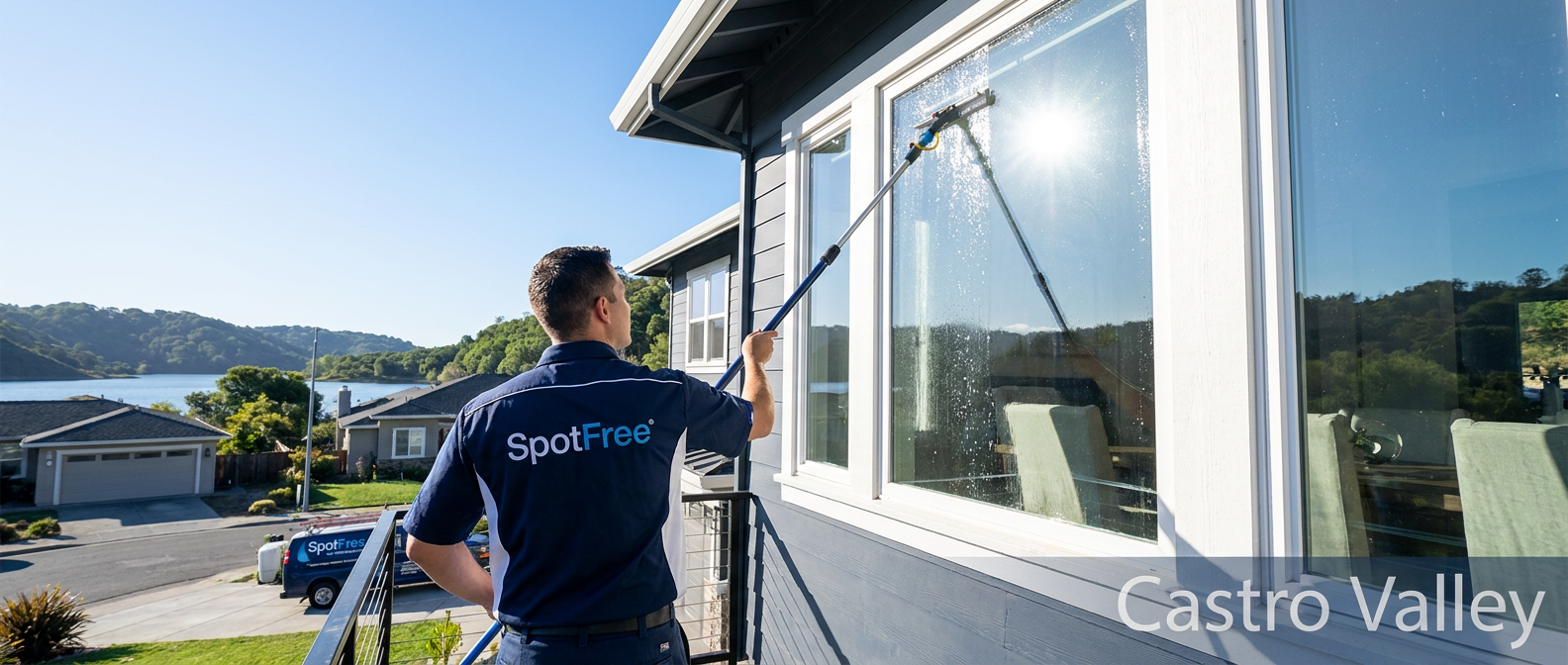 A Spotfree technician seen from behind, using a high-reach water-fed pole on a large residential window, with the Spotfree service van parked on the street, a calm lake, and green Castro Valley hills in the background.