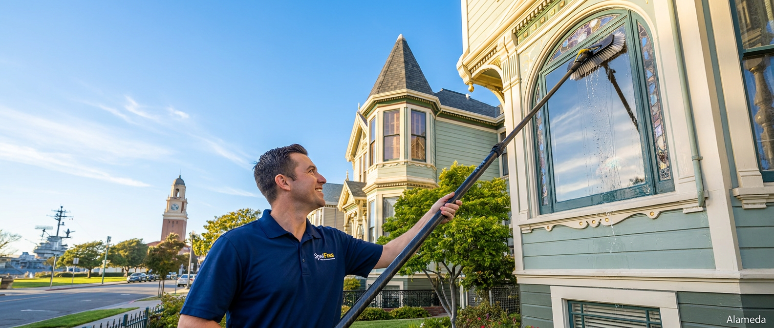 Spotfree Window Cleaner in Alameda, CA, using a long water-fed pole on a beautiful historic Victorian home with stained glass windows, with the famous Alameda clock tower and a naval ship visible in the background.
