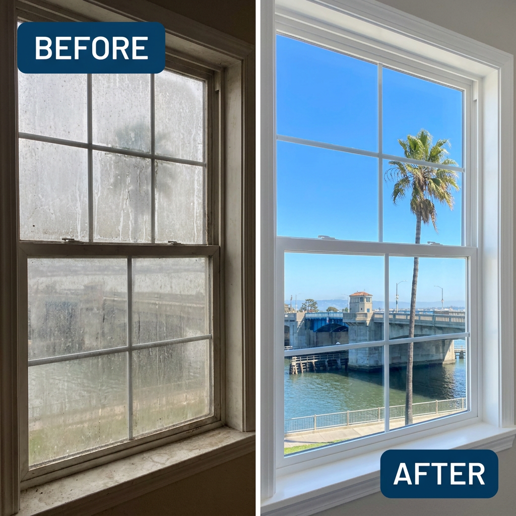 A split image comparing a dirty, heavily stained window on the left labeled "BEFORE" to a crystal-clear, sparkling clean window on the right labeled "AFTER" revealing a view of a palm tree and a bridge.
