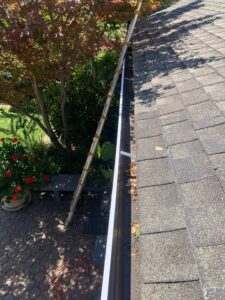A close-up view of leaves, dirt, and debris collected inside a residential gutter system before cleaning, with a ladder resting against the house.