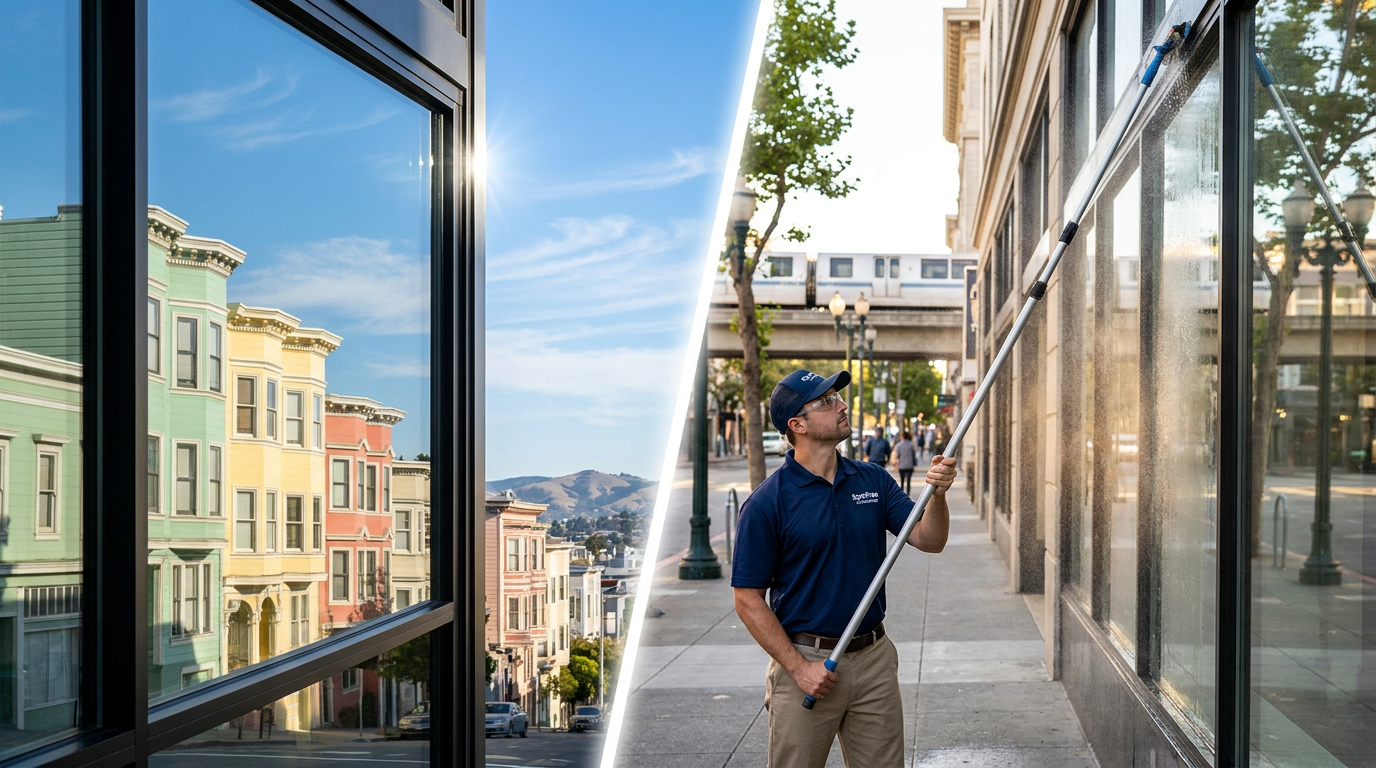 Split image: Gleaming, streak-free commercial storefront window reflecting a Bay Area downtown street; SpotFree technician in uniform using a pure water pole on a second-story window.