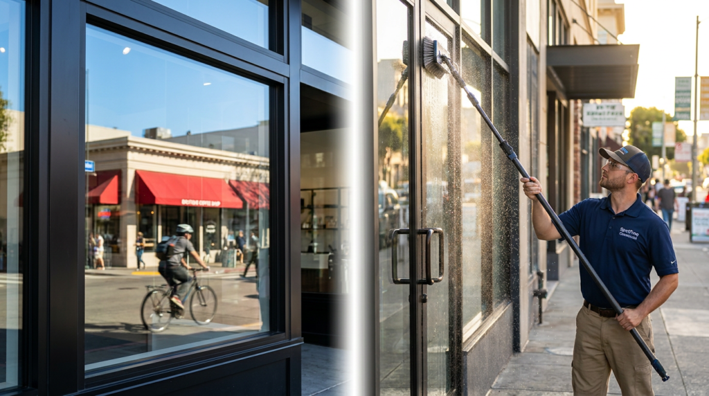 Split image: spotless commercial storefront window reflecting a bright Oakland street; SpotFree pro using a pure water pole on a glass entryway.