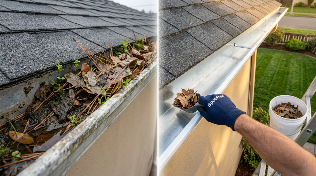 Split image: Gutter cleaning in Oakland, CA - left shows debris-clogged gutter, right shows same gutter cleaned to bare metal by SpotFree pro, yard spotless.