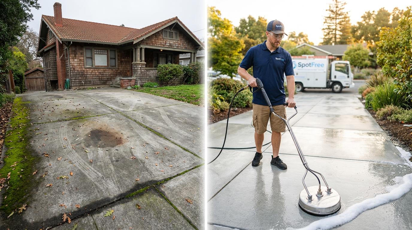 Split image: Pressure washing Oakland CA – algae-stained driveway left, same driveway restored to clean concrete by SpotFree pro using eco-friendly pressure washing.