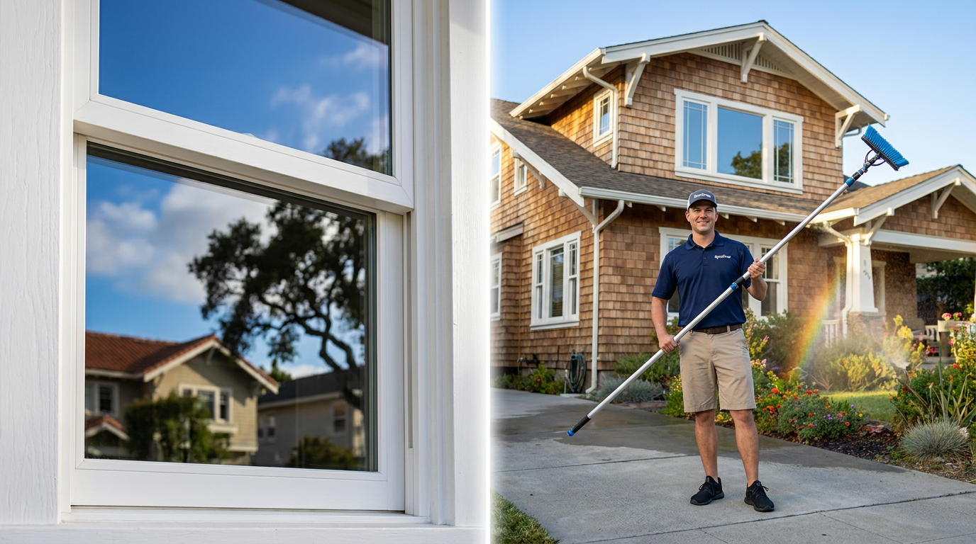 Split image: Left, a bright streak-free home window reflecting a blue sky and Oakland trees; Right, a SpotFree technician in uniform stands next to a two-story Oakland house holding a pure water pole.