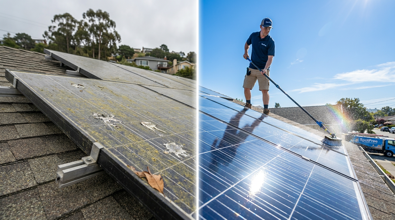 Split image: Solar panel cleaning Oakland CA – left shows pollen, dust, and bird droppings on a dirty panel; right shows same panel gleaming after SpotFree pure water cleaning.