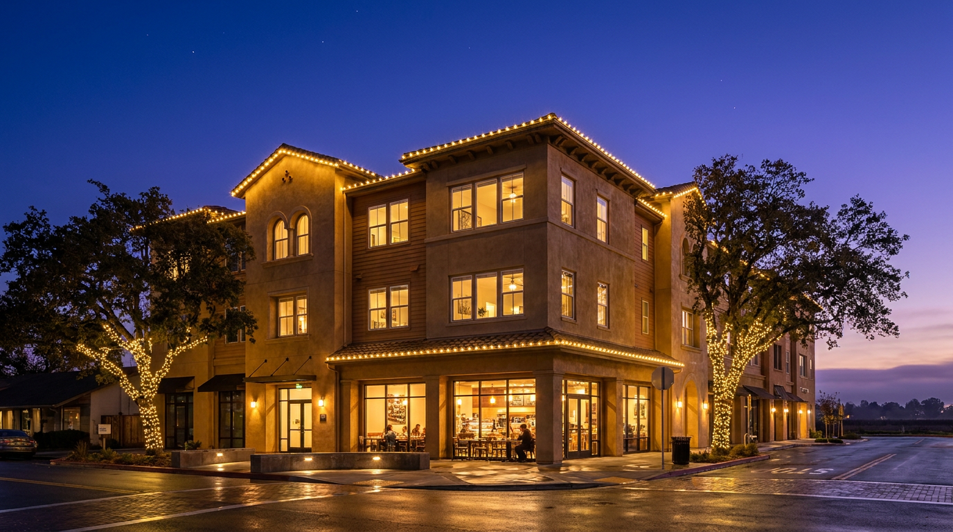 A beautifully illuminated building showcasing perfectly clean windows and professional holiday lighting installation in the East Bay, California.