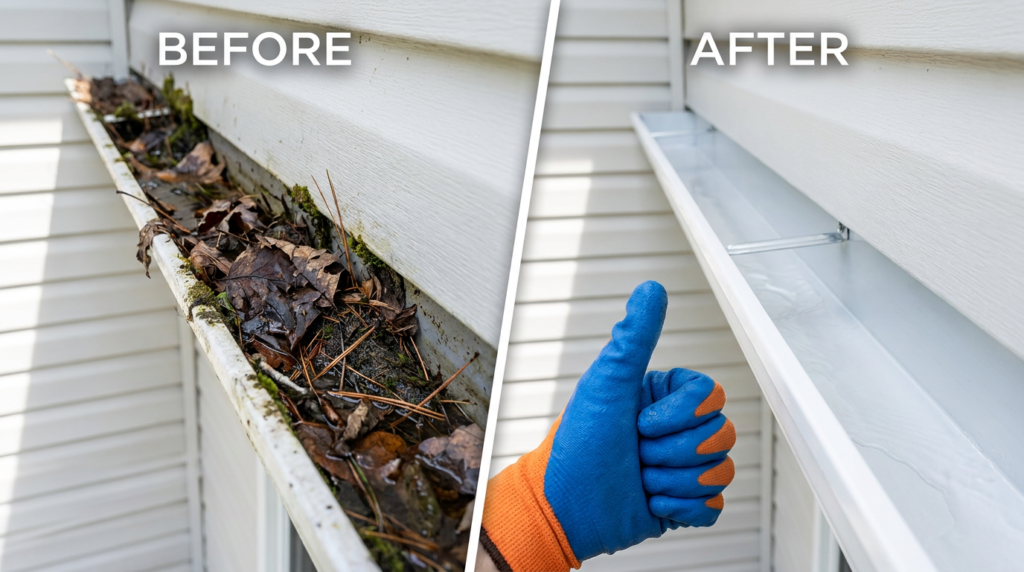 Before and after of debris-free gutter cleaning and whole house washing services in Oakland, CA.